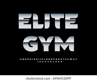 Vector Metallic Emblem Elite Gym. Trendy Cool Font. Stylish Silver Alphabet Letters and Numbers set.