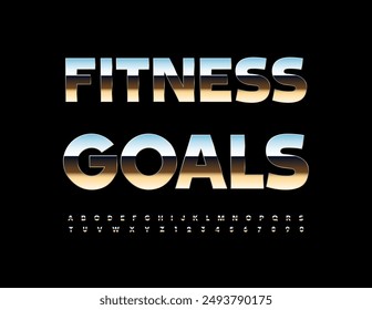 Vector metallic emblem Fitness Goals with Reflective Silver Font. Set of artistic Alphabet Letters, Numbers and Symbols.