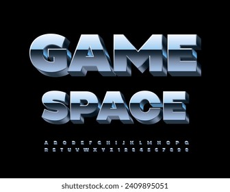 Vector metallic Emblem Game Space. Cool Steel 3D Font. Silver set of Alphabet Letters and Numbers.