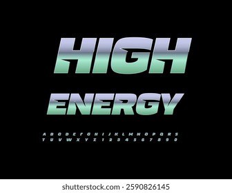 Vector Metallic emblem High Energy. Trendy Silver Font. Exclusive Digital Alphabet Letters and Numbers set