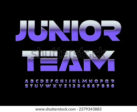 Vector metallic emblem Junior Team. Futuristic style Font. Trendy Alphabet Letters and Numbers set