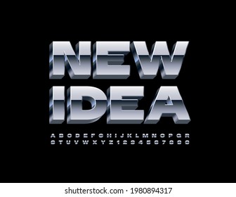 Vector metallic emblem New Idea. Bold Silver Font. 3D Steel Alphabet Letters and Numbers set