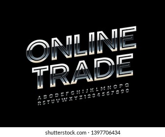Vektormetallisches Emblem Online-Handel. Reflektive Schriftart in Großbuchstaben. kreative Alphabetbriefe und -nummern Chrome
