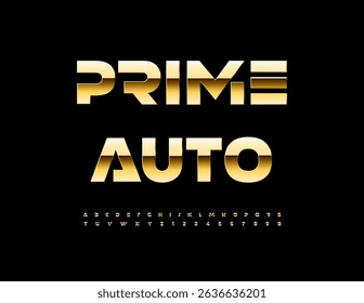 Vector Metallic emblem Prime Auto  Chic Futuristic Font. Classy Golden Alphabet Letters and Numbers set