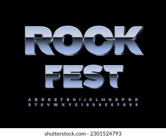 Vector metallic Emblem Rock Fest. Silver 3D Font. Trendy Alphabet Letters and Numbers set