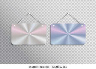 vector metallic foil hologram hanging shop door sign on transparent background