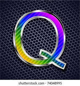 vector metallic font on a metal grid. Letter Q
