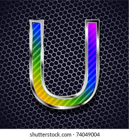 vector metallic font on a metal grid. Letter U
