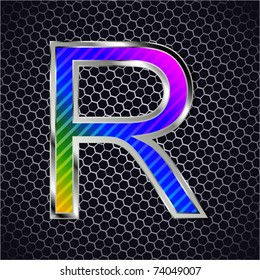 vector metallic font on a metal grid. Letter R