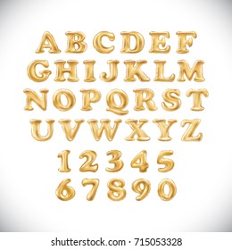 vector Metallic Gold Balloons English alphabet and numerals on a white background. holidays and education golden letter. new year, holiday, birthday, celebration. shiny bright font in the air