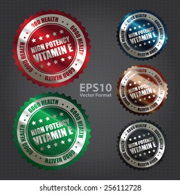 vector : metallic high potency vitamin e good health sticker, icon, label, sign, banner