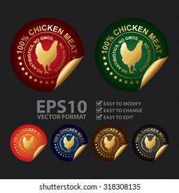 Vector : Metallic High Quality 100 Percent Chicken Meat No Antibiotics, No Gmos, No Hormones Infographics Peeling Sticker, Label, Icon, Sign or Badge