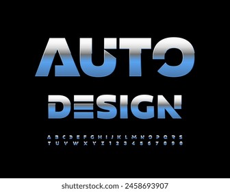 Vector metallic icon Auto Design. Futuristic style Font. Unique Silver Alphabet Letters and Numbers set.