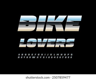 Vector metallic icon Bike Lovers. Trendy Silver Font. Artistic Alphabet Letters and Numbers set