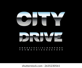 Vector Metallic icon City Drive. Fashion Silver Font. Trendy Chrome Alphabet Letters and Numbers set. 