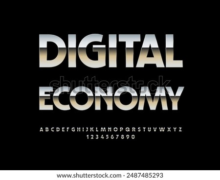 Vector metallic icon Digital Economy. Trendy Steel Font. Silver Alphabet Letters and Numbers set