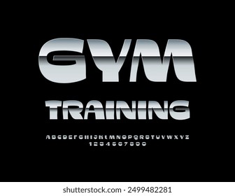 Vektor Metallic Symbol GYM Training. Einzigartige silberne Schriftart. Steel Cool Alphabet Buchstaben und Zahlen gesetzt.