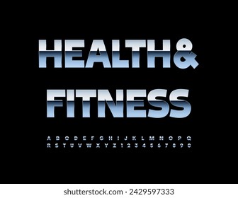 Vector metallic icon Health and Fitness. Cool Silver Font. Trendy Alphabet Letters and Numbers.