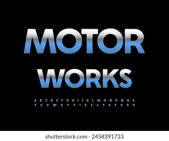 Vector metallic icon Motor Works. Modern Silver Font. Cool Iron Alphabet Letters and Numbers set. 