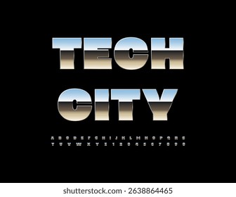 Vector Metallic icon Smart City. Glossy Silver Font. Reflective Steel Alphabet Letters and Numbers.