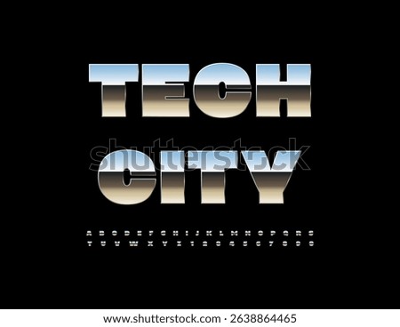 Vector Metallic icon Smart City. Glossy Silver Font. Reflective Steel Alphabet Letters and Numbers.