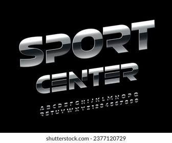 Vector metallic icon Sport Center. Dark Silver Font. Chrome rotated Alphabet Letters and Numbers set