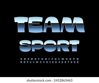 Icono metálico de Vector Equipo Sport. Fuente plateada de moda. Conjunto de letras y números de alfabeto de acero con estilo.