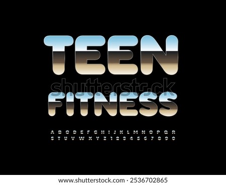 Vector metallic icon Teen Fitness. Reflective Silver Font. Modern Alphabet Letters and Numbers set