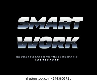 Vector metallic log Smart Work. Glossy Silver Font. Unique Steel Alphabet Letters and Numbers set.