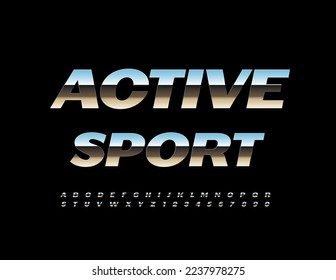 Vector metallic logo Active Sport. Silver Font. Artistic Alphabet Letters and Numbers set