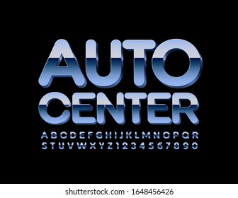 Vector metallic logo Auto Center. Silver 3D Font. Reflective chrome Alphabet Letters and Numbers.