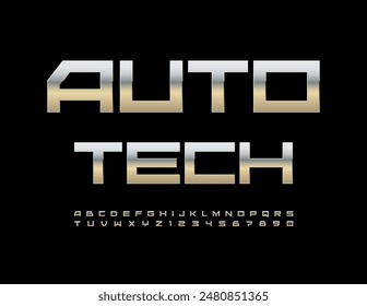 Vector metallic logo Auto Tech. Unique Silver Font. Trendy Steel Alphabet Letters and Numbers set.