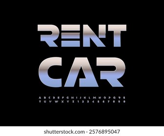 Vector Metallic logo Rent Car. Futuristic Silver Font for Sport, Fashion, Logo Design. Premium set of Digital Alphabet Letters and Numbers.