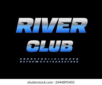 Logo metálico de Vector River Club. Fuente plateada elegante. Juego de letras y números de moda.