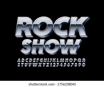 Vector metallic logo Rock Show with Silver 3D Font. Steel Alphabet Letters and Numbers.