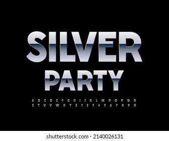 Vector metallic logo Silver Party. Modern Font. Artistic set of Alphabet Letters and Numbers.