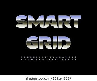 Vector Metallic logo Smart Grid. Fashion Silver Font. Trendy Steel Alphabet Letters and Numbers set.