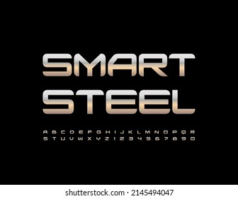 Vector metallic logo Smart Steel. Silver Font. Techno style Alphabet Letters and Numbers set.