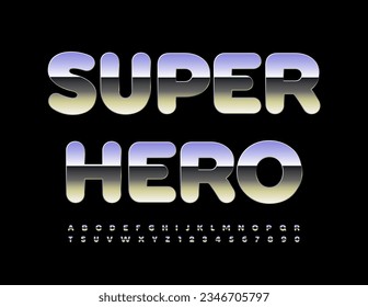 Vektormetallisches Logo Super Hero. Glossy Steel Font. Modern Silver Alphabet Letters and Numbers Set