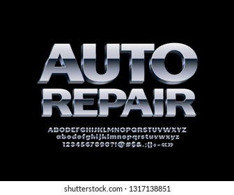 Vector Metallic Logotype Auto Repair With 3D Chrome Font. Isometric Silver Alphabet Letters For Business, Marketing, Design