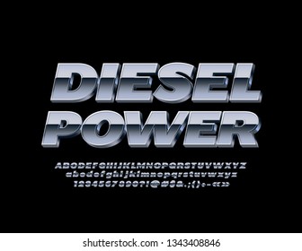 Vector Metallic Logotype Diesel Power With 3D Font. Silver Alphabet Letters, Numbers And Symbols