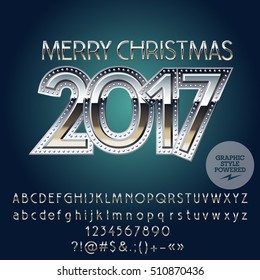 Vector metallic Merry Christmas 2017 greeting card with set of letters, symbols and numbers. File contains graphic styles