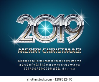 Vector metallic Merry Christmas 2019 Greeting Card. Silver Alphabet Letters, Numbers and Punctuation Symbols. Original Silver Font.