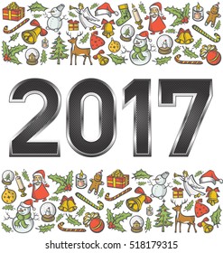 números metálicos vectoriales 2017, y objetos de Navidad y Año Nuevo