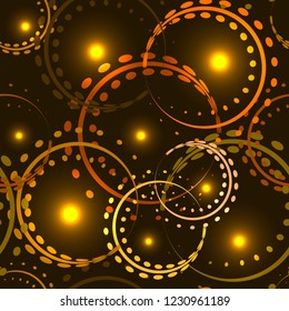Vector metallic openwork rings in gold shades on a yellow background. Seamless pattern for decoration of fashion and beauty industry products.