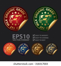 Vector : Metallic Organic Grade A Reduced Fat Milk Infographics Peeling Sticker, Label, Icon, Sign or Badge