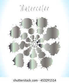 Vector metallic paint blob background. Silver blobs textured round frame on backdrop. Hand painted design elements in silver colors