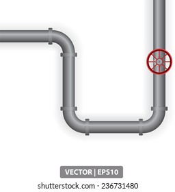 Vector metallic pipeline with red valve. Metal pipes. Industrial elements. eps 10. Part of pipeline. Vector illustration.