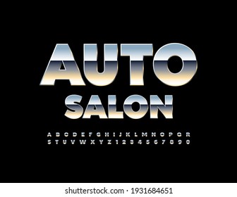 Vector metallic Poster Auto Salon. Modern Steel Font. Artistic Alphabet Letters and Numbers