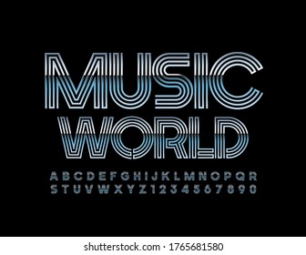 Vector metallic poster Music World with Abstract maze Font. Silver creative Alphabet Letters and Numbers